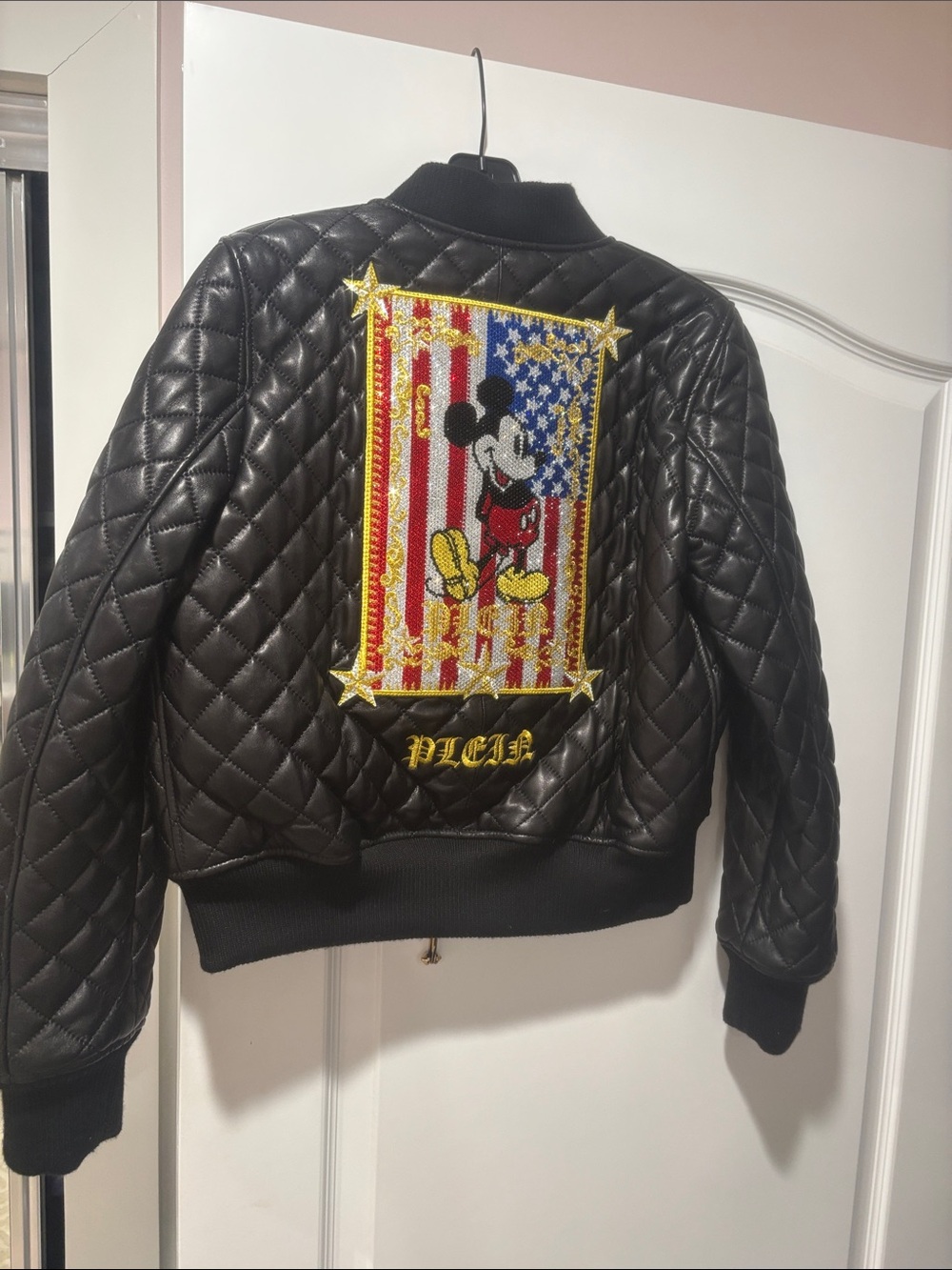 Philipp Plein Black Quilted Leather Bomber with Disney Motif